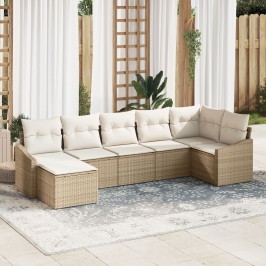 Juego de sofá de jardín de 7 piezas con cojines Beige Poliratán