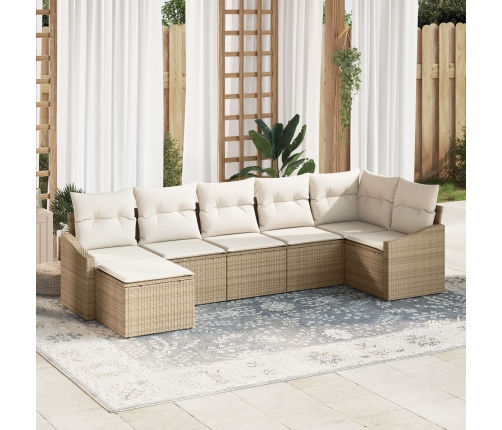 Juego de sofá de jardín de 7 piezas con cojines Beige Poliratán