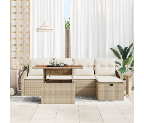 Conjunto de Sofá de Jardín de 6 Piezas con Cojines Beige Ratán Poliéster