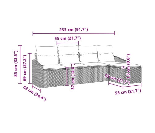 Conjunto de sofá de jardín de 5 piezas con cojines gris poliratán