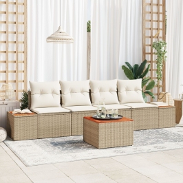 Conjunto de Sofás de Jardín  de 5 Piezas con Cojines Beige de Ratán y Acacia