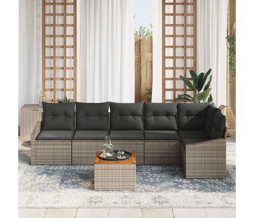 Conjunto de Sofás de Jardín 7 Piezas con Cojines Gris Polirratán Acacia