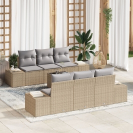 Set de sofá de jardín de 7 piezas con cojines Beige Ratán de poliéster