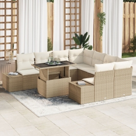 Conjunto de Sofá de Jardín de 9 Piezas con Cojines Beige de Ratán Poliéster