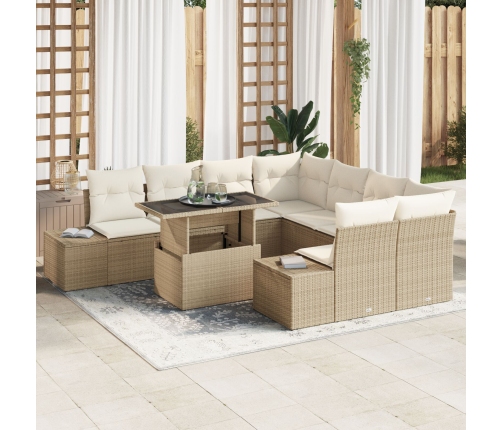 Conjunto de Sofá de Jardín de 9 Piezas con Cojines Beige de Ratán Poliéster