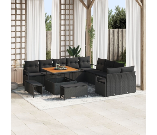 Set de Sofá de Jardín  de 13 Piezas con Cojines Negro Poliratán Acacia, Sofá de Jardín de 2 Plazas con Almacenamiento y Cojines Negro Poliratán, Set de Comedor de Jardín de 3 Piezas con Cojines Negro Poliratán Acacia