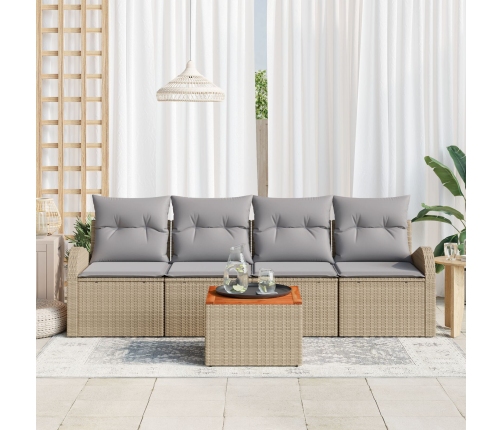 Conjunto de Sofás de Jardín de 5 Piezas con Cojines Beige de Ratán Sintético y Acacia