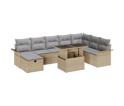 Conjunto de Sofá de Jardín  de 9 Piezas con Cojines Beige Ratán Poliéster