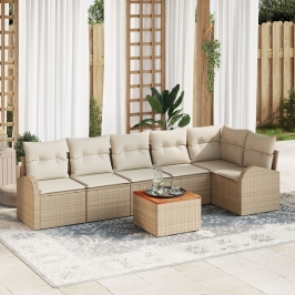 Set de Sofá de Jardín  de 7 Piezas con Cojines Beige Ratán Poli Acacia