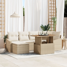 Conjunto de 7 Piezas para Comedor de Jardín con Cojines Beige de Rattan Sintético y Acacia