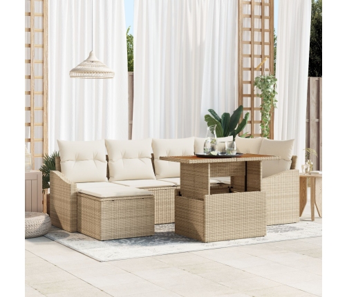 Conjunto de 7 Piezas para Comedor de Jardín con Cojines Beige de Rattan Sintético y Acacia