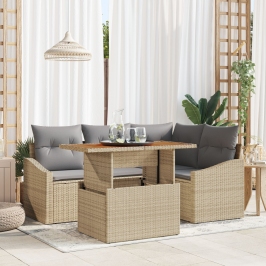 Conjunto de Comedor de Jardín de 5 Piezas con Cojines Beige Polirratán Acacia