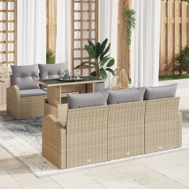 Conjunto de Sofás de Jardín  de 6 piezas con Cojines Beige Ratán Sintético