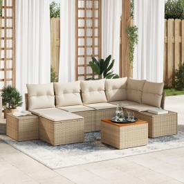 Juego de Sofá de Jardín de 7 Piezas con Cojines Beige Poliratán Acacia