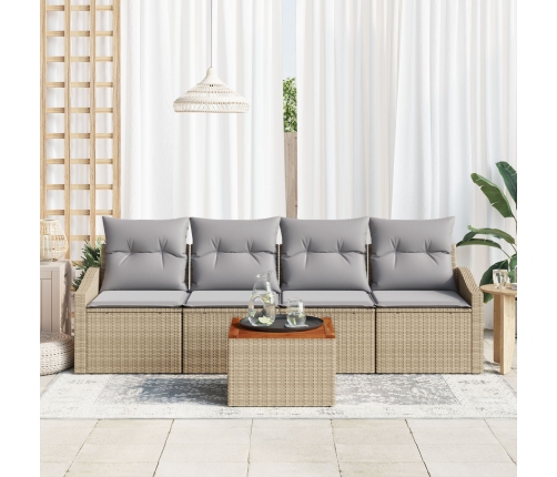 Juego de Sofá de Jardín de 5 Piezas con Cojines Beige Poliratán Acacia