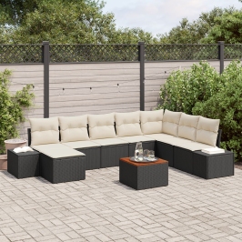 Conjunto de Sofá de Jardín de 9 Piezas con Cojines Negro Poliratán Acacia