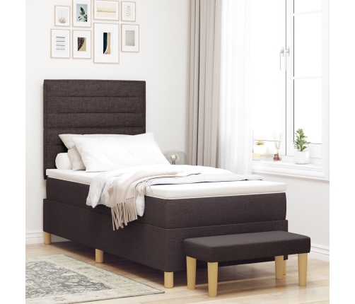 Cama con Sommier  con Colchón y Banco Marrón Oscuro 100x200 cm Tela