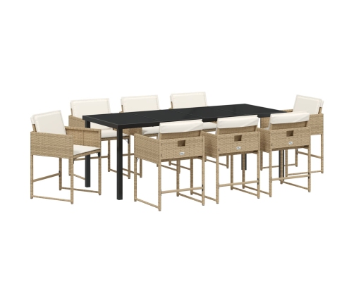 Set de Comedor de Jardín de 9 Piezas con Cojines Beige Ratán Polimérico