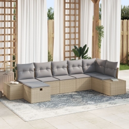Juego de Sofás de Jardín de 7 Piezas con Cojines Beige Poliratán