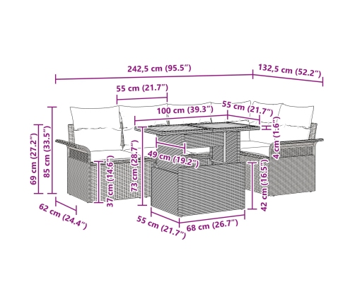Set de comedor de jardín de 6 piezas con cojines en Beige de Poliratán