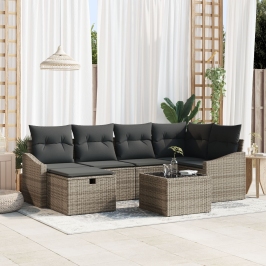 Conjunto de Sofá de Jardín de 7 Piezas con Cojines Gris Rattan de Polietileno