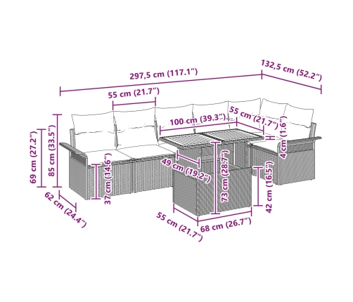 Set de Comedor de 7 Piezas para Jardín con Cojines Beige Ratán Sintético Acacia