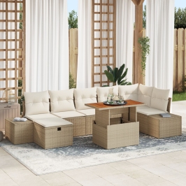 Conjunto de Sofás de Jardín  de 8 Piezas con Cojines Beige Poliratán