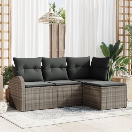 Conjunto de Sofá de Jardín de 4 Piezas con Cojines Gris Ratán Poliéster
