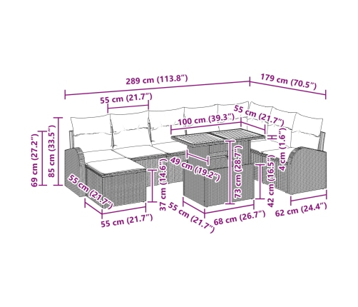 Conjunto de Comedor de Jardín de 9 Piezas con Cojines Beige Poliratán Acacia