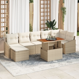 Conjunto de comedor de jardín de 8 piezas con cojines Beige Ratán Acacia