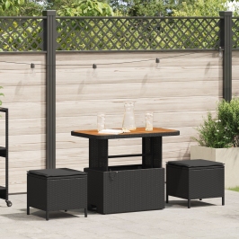 Conjunto de Comedor de Jardín de 3 Piezas con Cojines Negro de Poliratán y Acacia