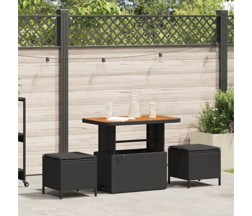 Conjunto de Comedor de Jardín de 3 Piezas con Cojines Negro de Poliratán y Acacia