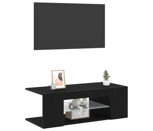 Mueble de TV  con luces LED en roble negro, 90x39x30 cm, de madera elaborada