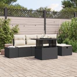 Set de Sofá de Jardín de 6 Piezas con Cojines Negro Ratán Sintético