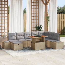 Set de Comedor de Jardín de 9 Piezas con Cojines Beige Ratán Polimérico Acacia