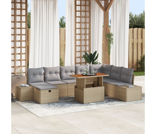 Set de Comedor de Jardín de 9 Piezas con Cojines Beige Ratán Polimérico Acacia