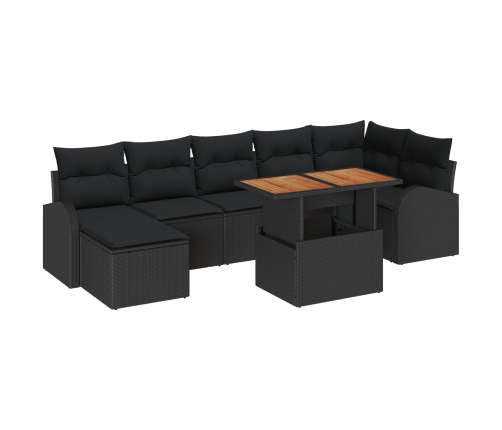 Juego de Comedor de Jardín de 8 Piezas con Cojines Negro Poly Ratán Acacia