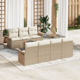 Juego de sofá de jardín de 8 piezas con cojines beige de polirratán
