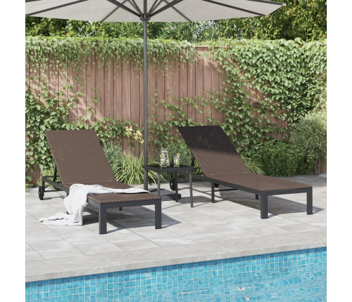 Tumbonas  2 pcs con Ruedas y Mesa Marrón Poliratán