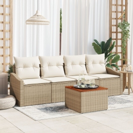 Conjunto de Sofás de 5 Piezas con Cojines Beige Poliratán Acacia
