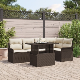 Set de Sofás de Jardín  Set de 6 Marrón y Crema Poliratán, Poliéster