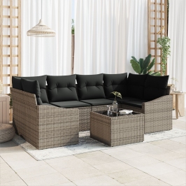 Set de Comedor de Jardín de 7 Piezas con Cojines Gris Polirratán