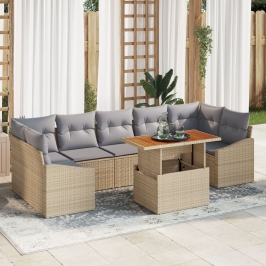 Conjunto de Comedor Jardín de 8 Piezas con Cojines Beige Ratán Sintético Acacia