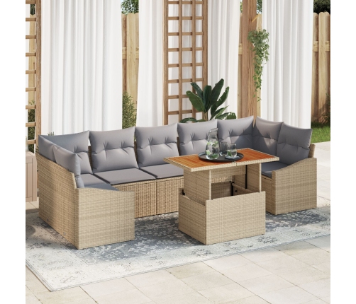 Conjunto de Comedor Jardín de 8 Piezas con Cojines Beige Ratán Sintético Acacia