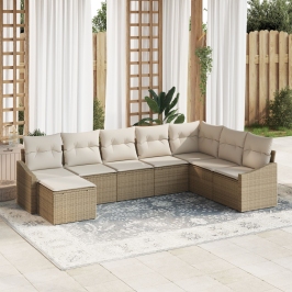 Conjunto de Sofá de Jardín de 8 Piezas con Cojines Beige Poliratán