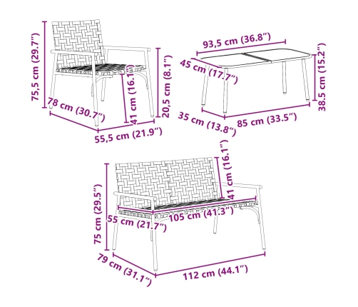 Set de café para exteriores de 4 piezas en ratán y acero marrón