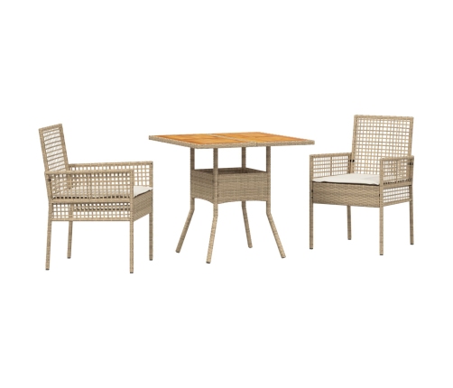 Juego de Comedor de Jardín  de 3 Piezas con Cojines Beige Poliratán
