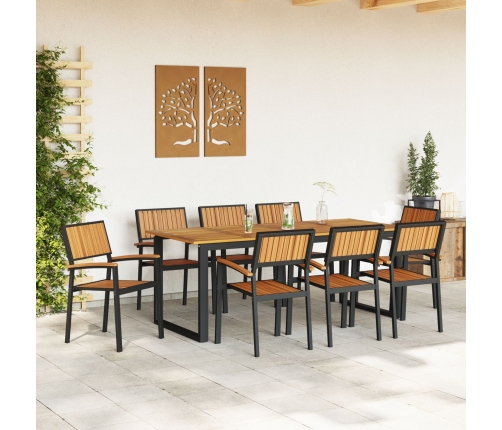 Sillas de Jardín Apilables 8 pcs Acero Negro y Madera Acacia Sólida
