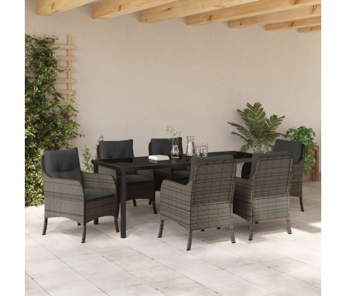 Conjunto de Comedor de Jardín de 7 Piezas con Cojines Gris de Ratán Poliéster