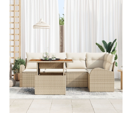 Juego de Comedor para Jardín de 6 Piezas con Cojines Beige de Poliratán Acacia